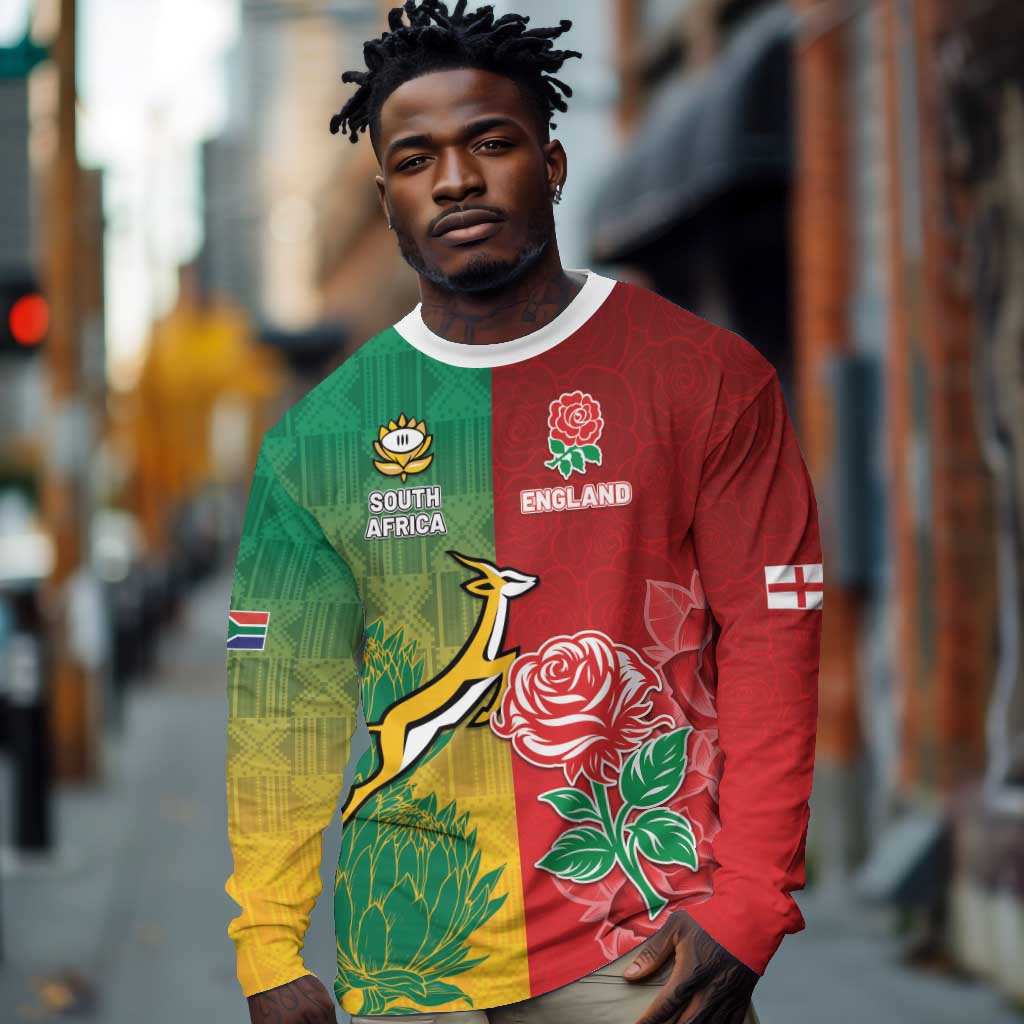 South Africa And England Rugby Custom Long Sleeve Shirt Springboks And Red Rose Together - African Pride