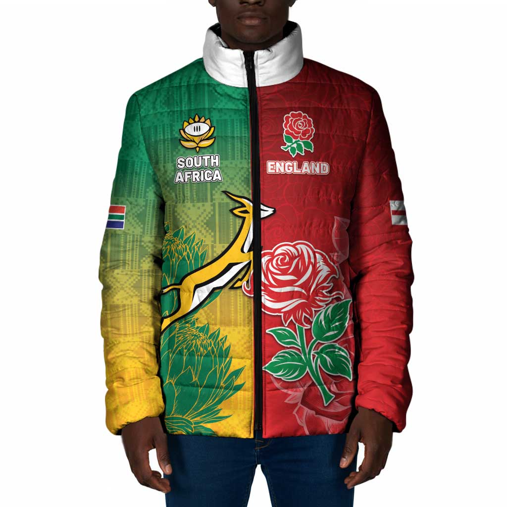 South Africa And England Rugby Custom Padded Jacket Springboks And Red Rose Together - African Pride