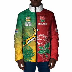 South Africa And England Rugby Custom Padded Jacket Springboks And Red Rose Together - African Pride