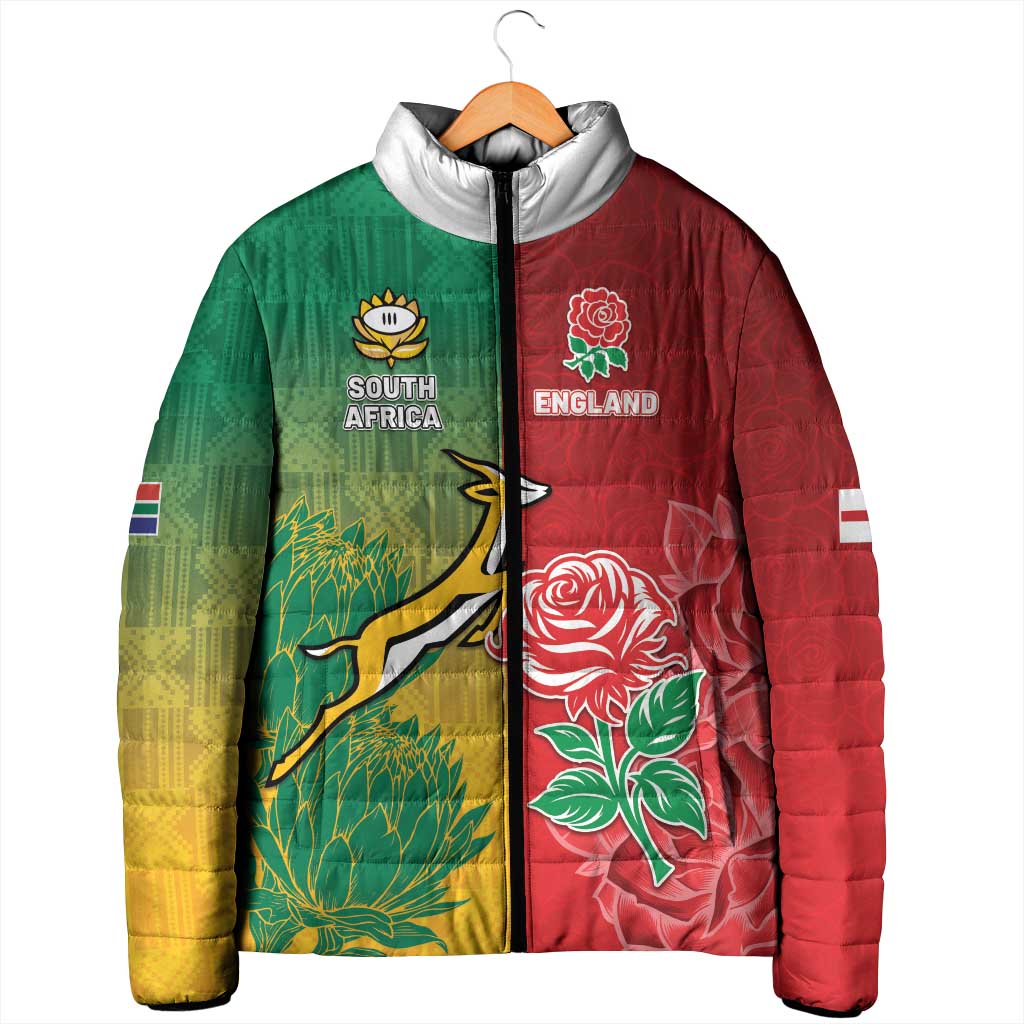 South Africa And England Rugby Custom Padded Jacket Springboks And Red Rose Together - African Pride