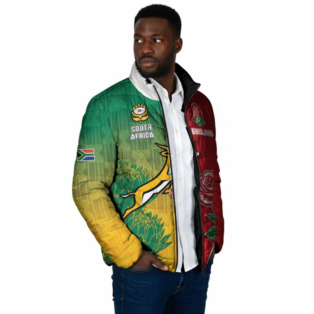 South Africa And England Rugby Custom Padded Jacket Springboks And Red Rose Together - African Pride