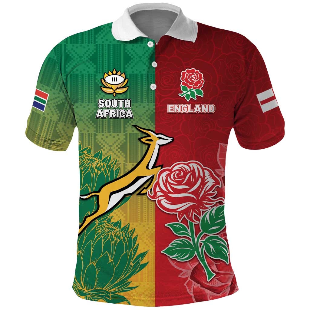South Africa And England Rugby Custom Polo Shirt Springboks And Red Rose Together - African Pride