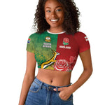 South Africa And England Rugby Custom Raglan Cropped T shirt Springboks And Red Rose Together - African Pride