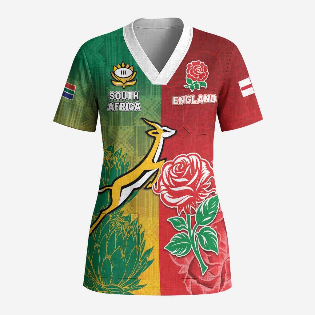 South Africa And England Rugby Custom Scrub Top Springboks And Red Rose Together - African Pride