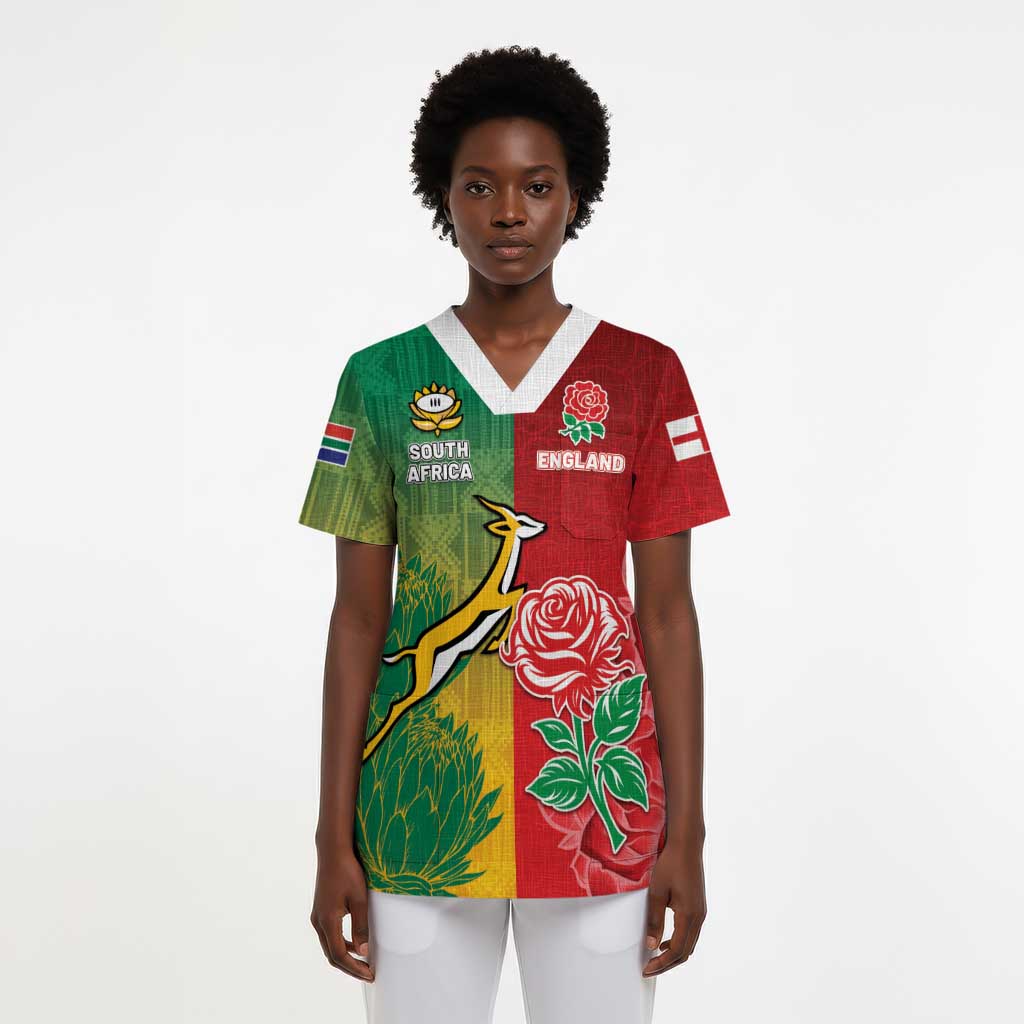 South Africa And England Rugby Custom Scrub Top Springboks And Red Rose Together - African Pride
