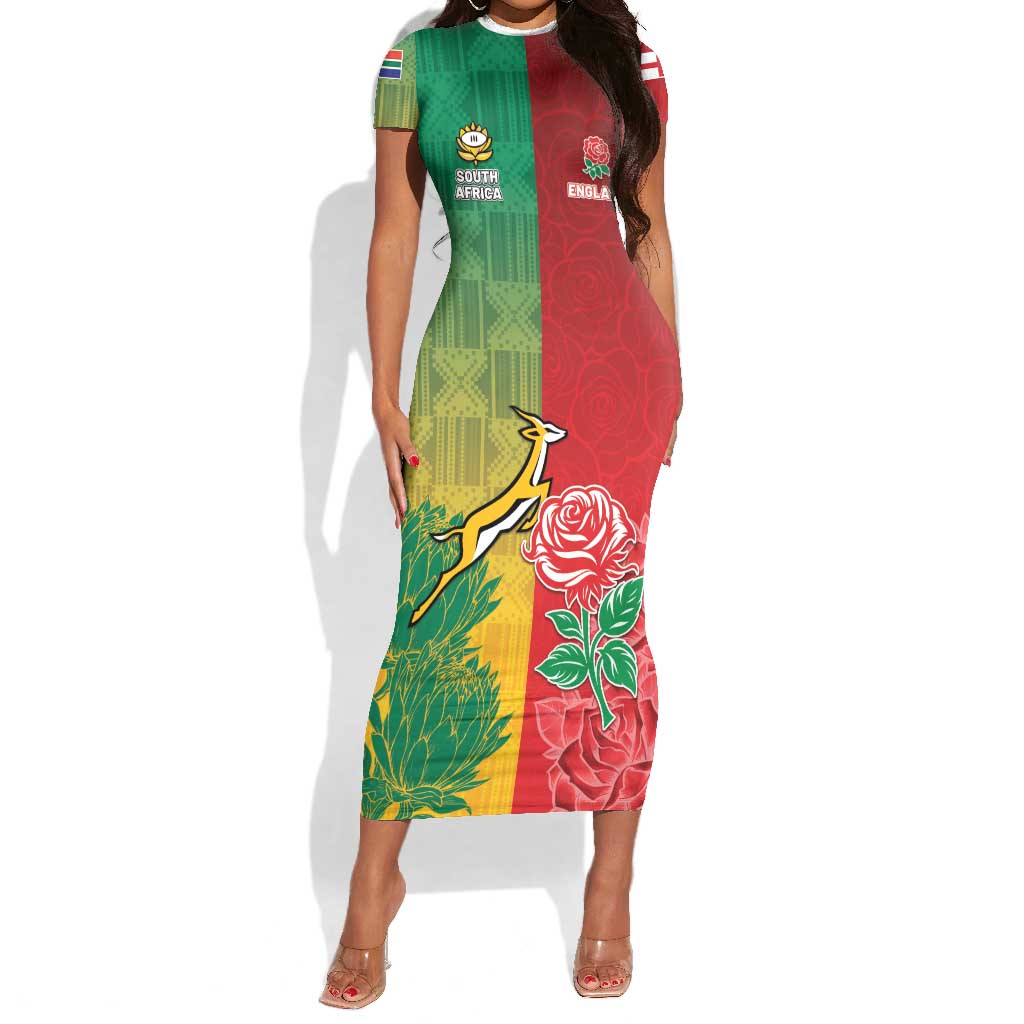 South Africa And England Rugby Custom Short Sleeve Bodycon Dress Springboks And Red Rose Together - African Pride