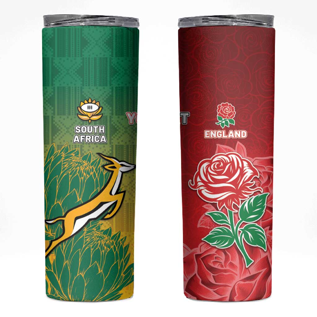 South Africa And England Rugby Custom Skinny Tumbler Springboks And Red Rose Together - African Pride