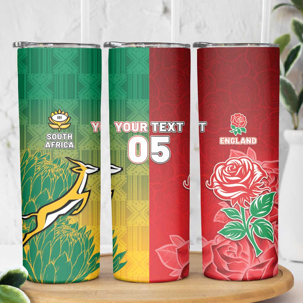 South Africa And England Rugby Custom Skinny Tumbler Springboks And Red Rose Together - African Pride