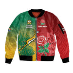 South Africa And England Rugby Custom Sleeve Zip Bomber Jacket Springboks And Red Rose Together - African Pride