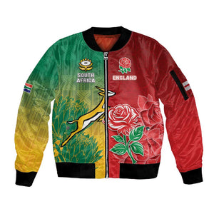 South Africa And England Rugby Custom Sleeve Zip Bomber Jacket Springboks And Red Rose Together - African Pride