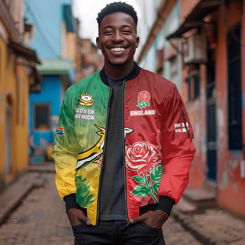 South Africa And England Rugby Custom Sleeve Zip Bomber Jacket Springboks And Red Rose Together - African Pride