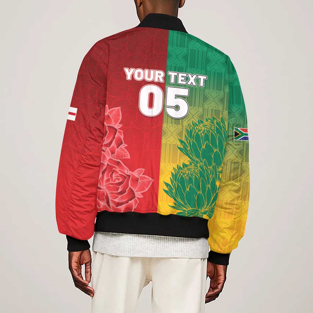 South Africa And England Rugby Custom Sleeve Zip Bomber Jacket Springboks And Red Rose Together - African Pride