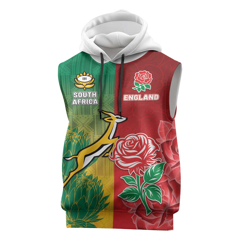 South Africa And England Rugby Custom Sleeveless Hoodie Springboks And Red Rose Together - African Pride