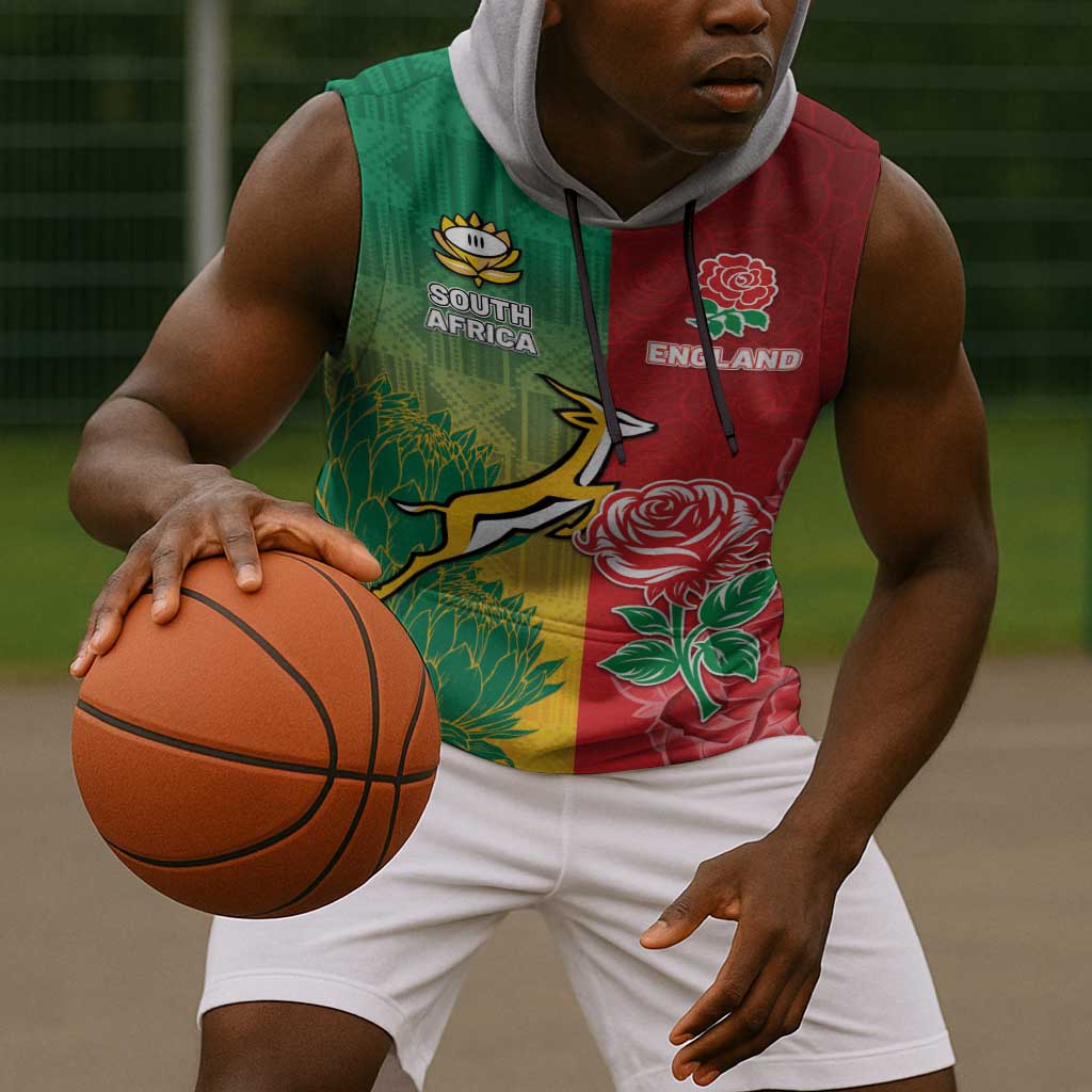 South Africa And England Rugby Custom Sleeveless Hoodie Springboks And Red Rose Together - African Pride