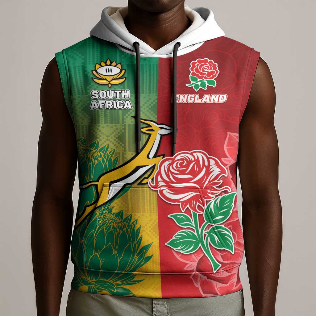 South Africa And England Rugby Custom Sleeveless Hoodie Springboks And Red Rose Together - African Pride