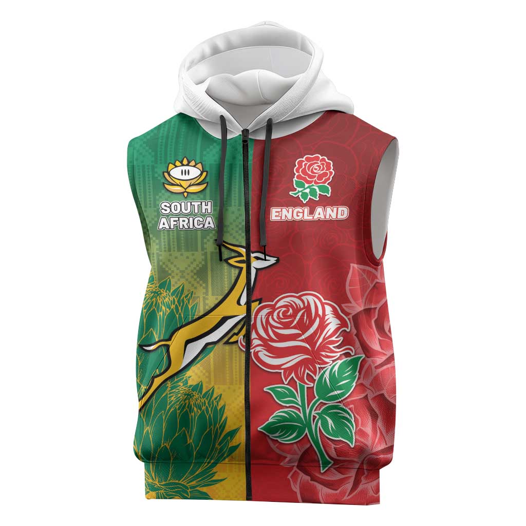 South Africa And England Rugby Custom Sleeveless Zip Hoodie Springboks And Red Rose Together - African Pride