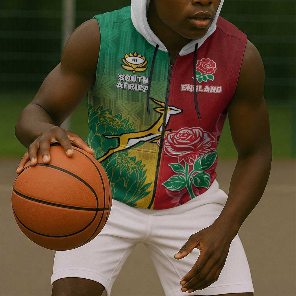 South Africa And England Rugby Custom Sleeveless Zip Hoodie Springboks And Red Rose Together - African Pride