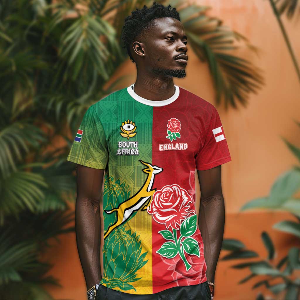 South Africa And England Rugby Custom T shirt Springboks And Red Rose Together - African Pride
