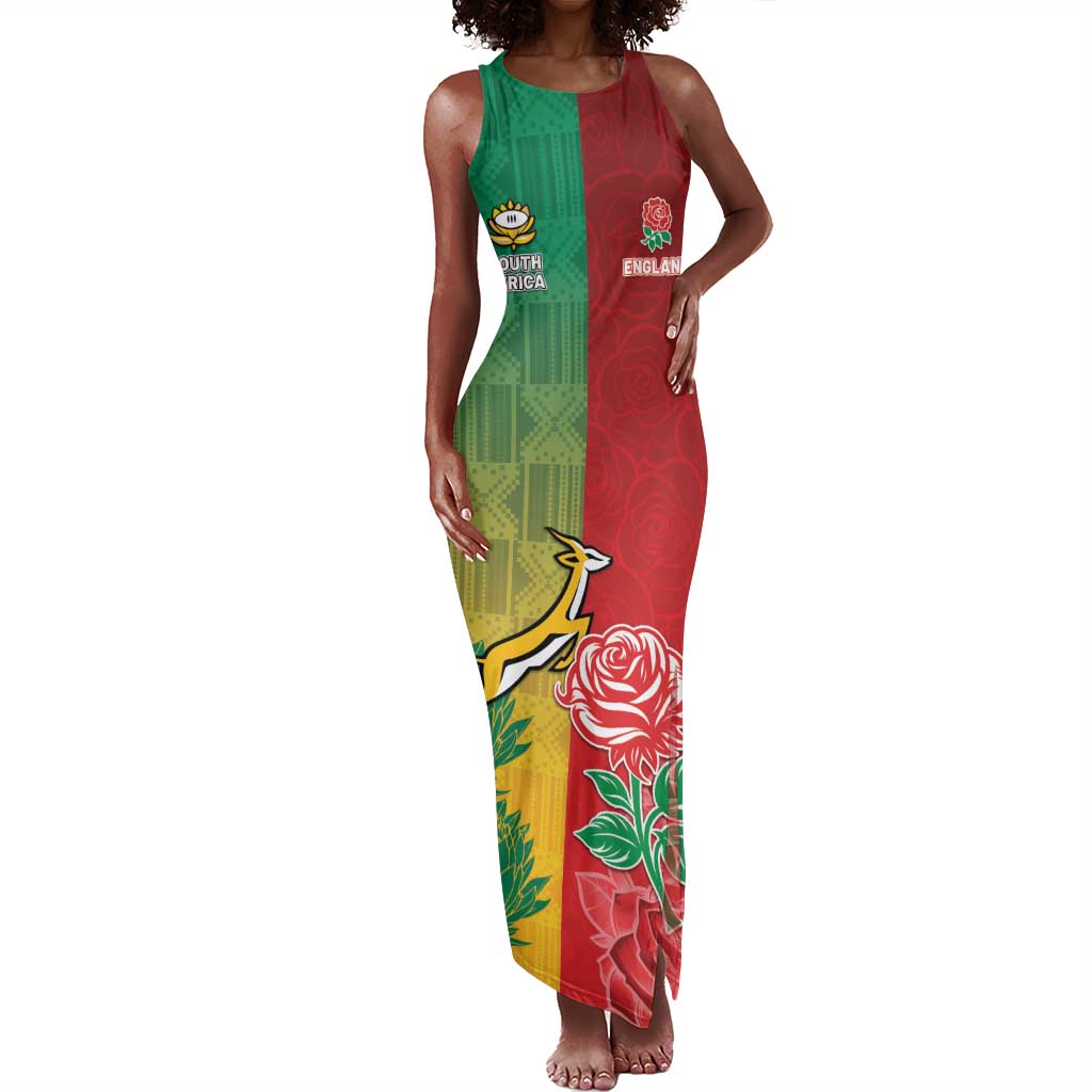 South Africa And England Rugby Custom Tank Maxi Dress Springboks And Red Rose Together - African Pride