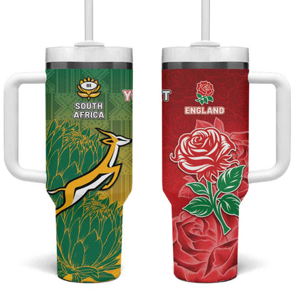 South Africa And England Rugby Custom Tumbler With Handle Springboks And Red Rose Together - African Pride
