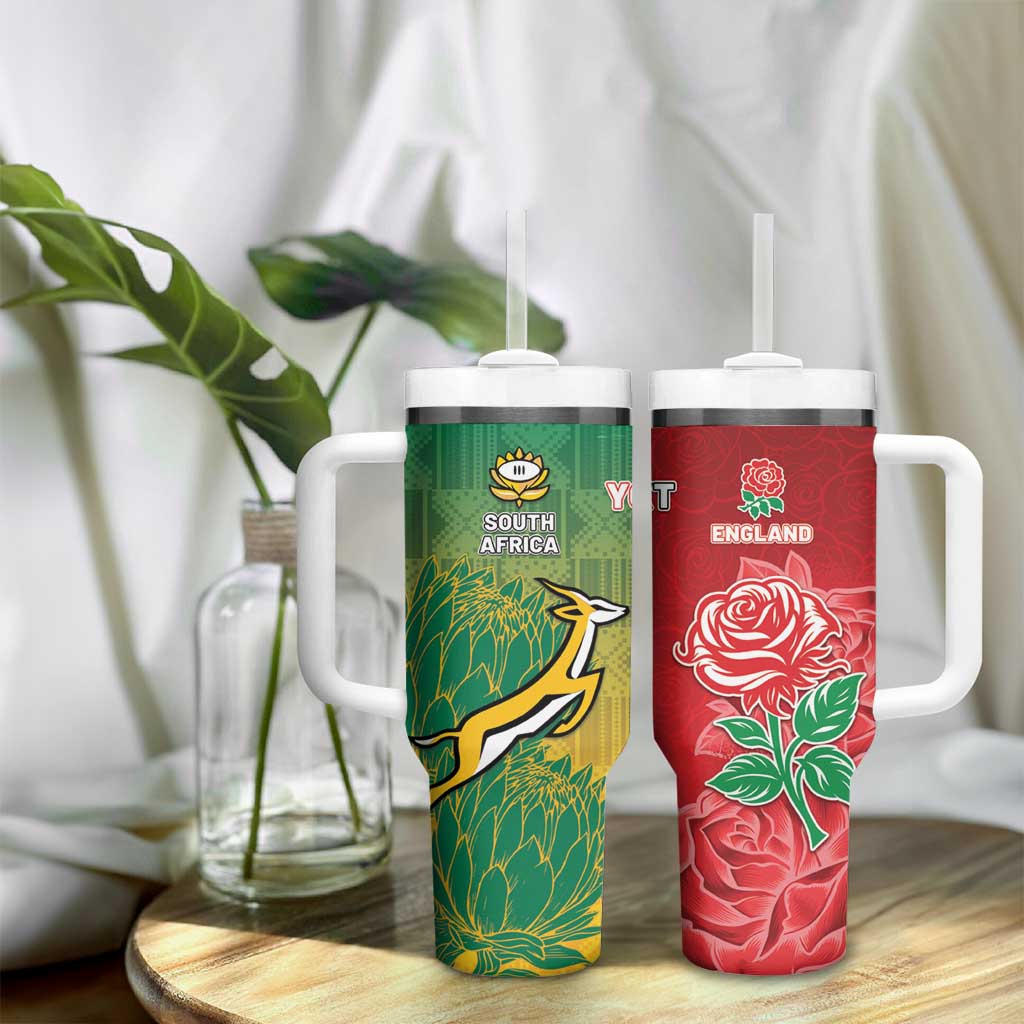 South Africa And England Rugby Custom Tumbler With Handle Springboks And Red Rose Together - African Pride