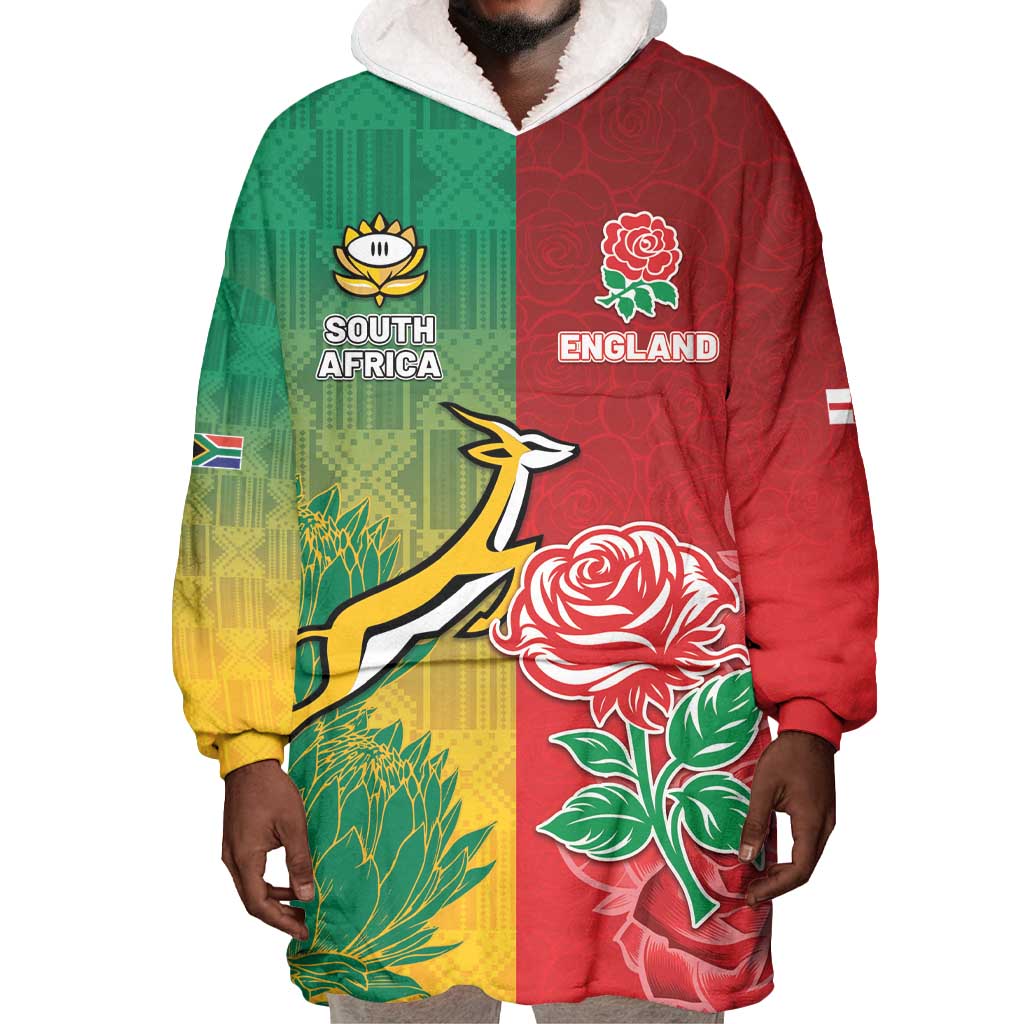 South Africa And England Rugby Custom Wearable Blanket Hoodie Springboks And Red Rose Together - African Pride