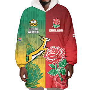 South Africa And England Rugby Custom Wearable Blanket Hoodie Springboks And Red Rose Together - African Pride