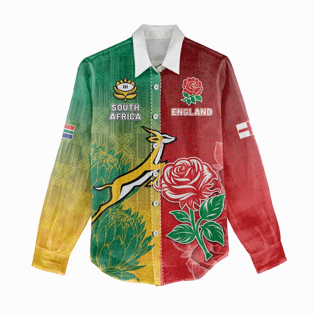 South Africa And England Rugby Custom Women Casual Shirt Springboks And Red Rose Together - African Pride