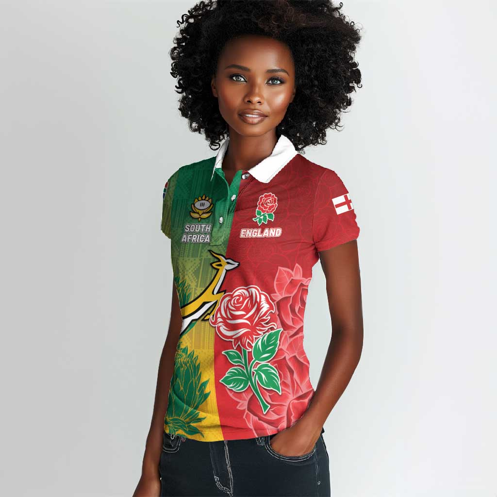South Africa And England Rugby Custom Women Polo Shirt Springboks And Red Rose Together - African Pride