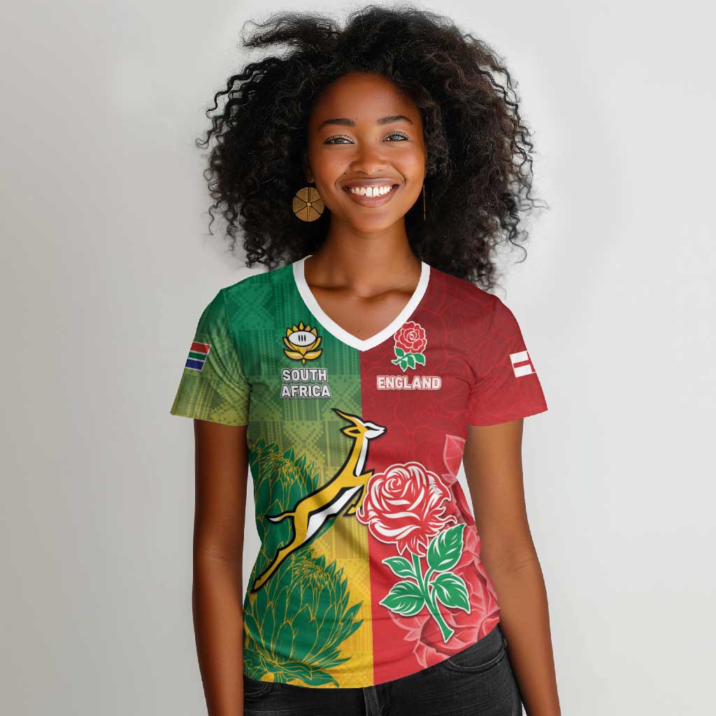 South Africa And England Rugby Custom Women V-Neck T-Shirt Springboks And Red Rose Together - African Pride