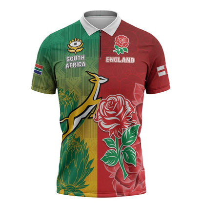 South Africa And England Rugby Custom Zipper Polo Shirt Springboks And Red Rose Together - African Pride