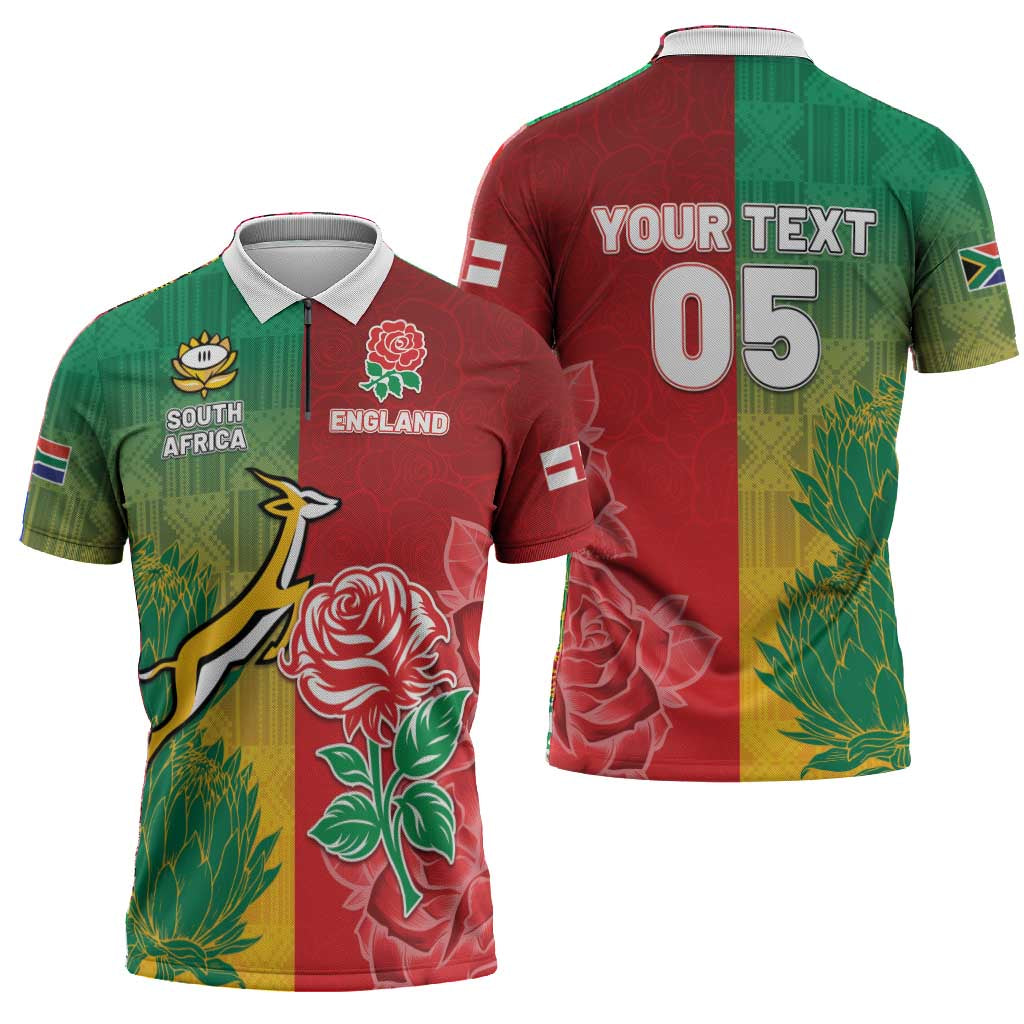 South Africa And England Rugby Custom Zipper Polo Shirt Springboks And Red Rose Together - African Pride