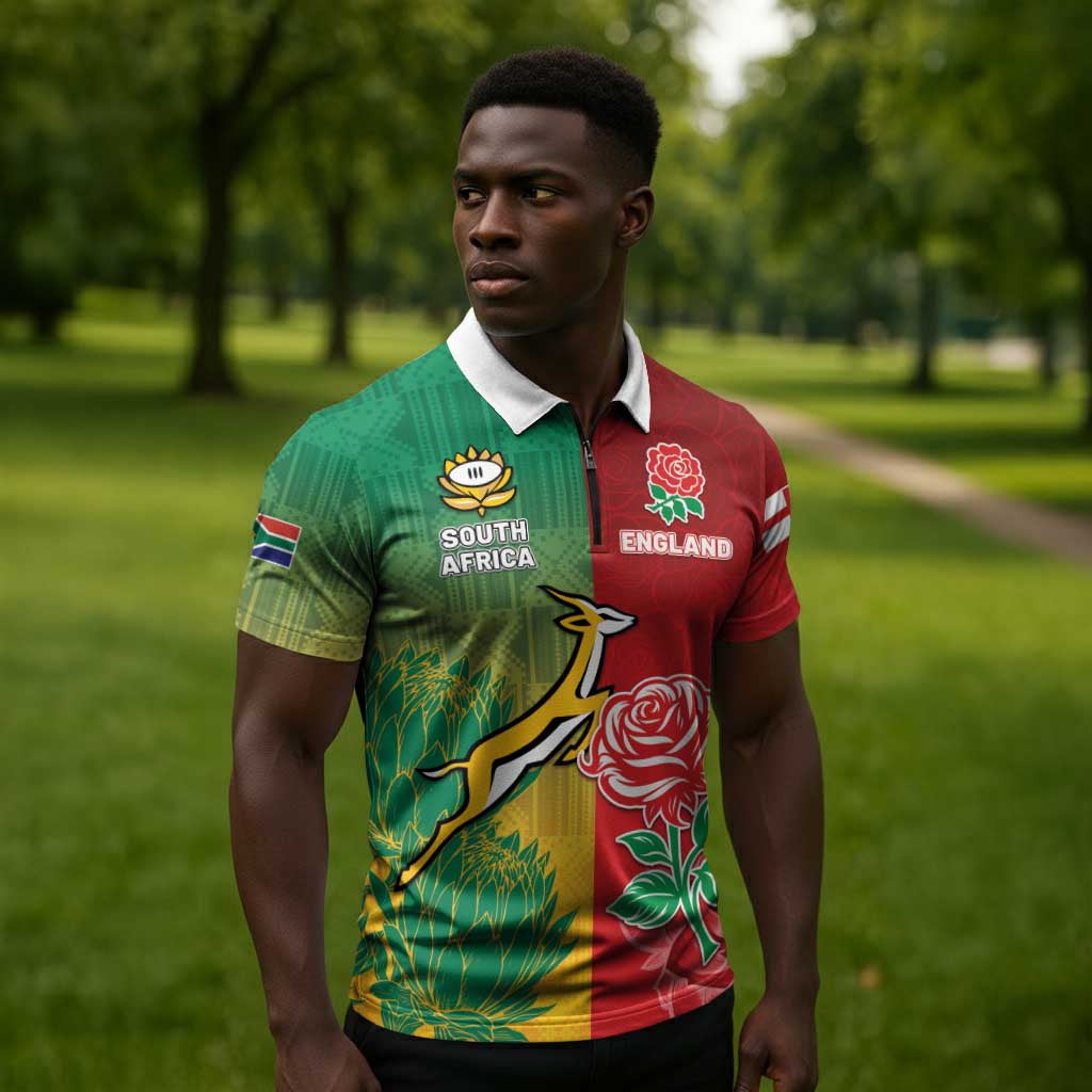 South Africa And England Rugby Custom Zipper Polo Shirt Springboks And Red Rose Together - African Pride