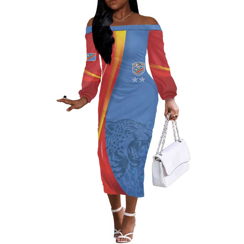 DR Congo Football 2026 Custom Off The Shoulder Long Sleeve Dress Les Leopards - Glory Upon Glory - African Pride