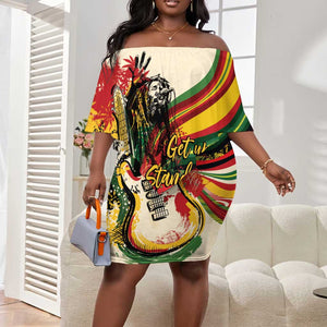 Reggae Soul B.Marley Grungy Off Shoulder Short Dress Get Up Stand Up - African Pride