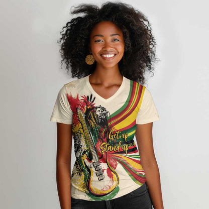 Reggae Soul B.Marley Grungy Women V-Neck T-Shirt Get Up Stand Up - African Pride
