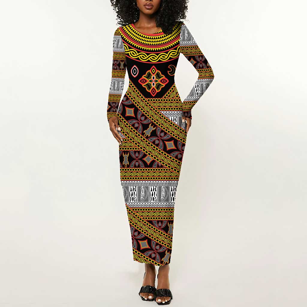 Cameroon Bamenda Toghu Inspired Long Sleeve Bodycon Dress Classic Motifs