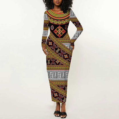Cameroon Bamenda Toghu Inspired Long Sleeve Bodycon Dress Classic Motifs
