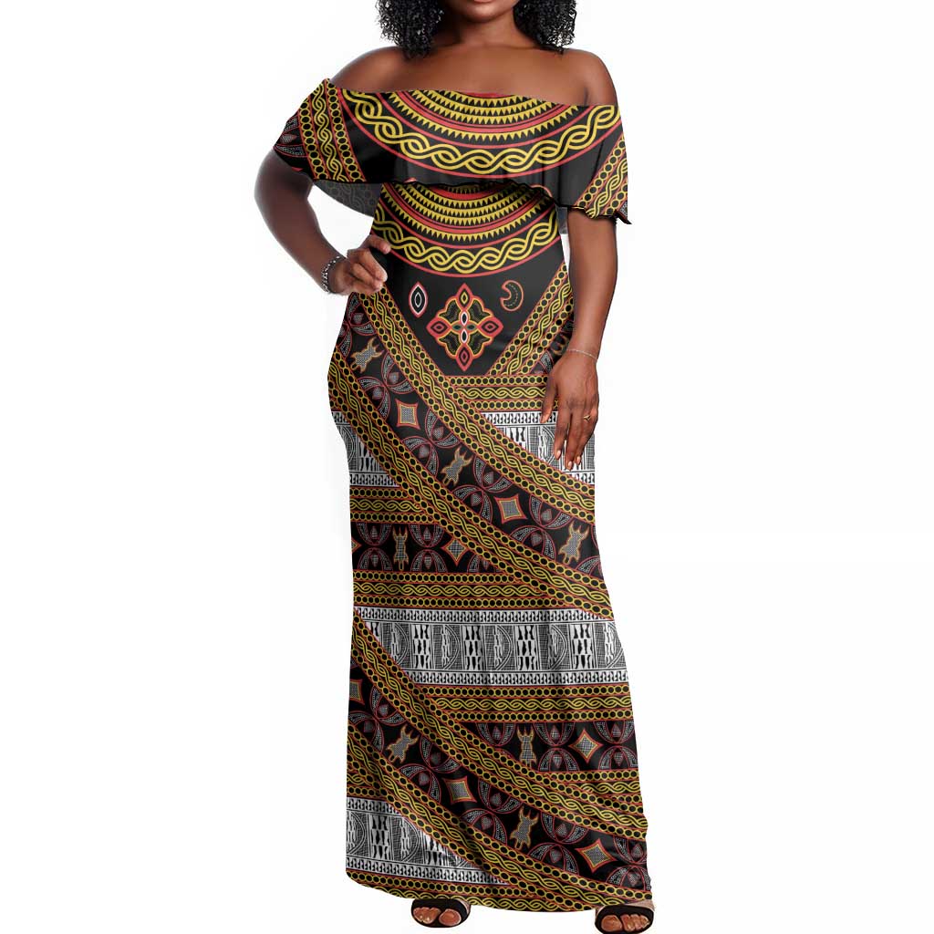 Cameroon Bamenda Toghu Inspired Off Shoulder Maxi Dress Classic Motifs