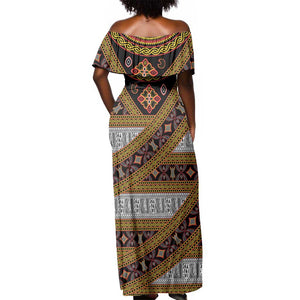 Cameroon Bamenda Toghu Inspired Off Shoulder Maxi Dress Classic Motifs
