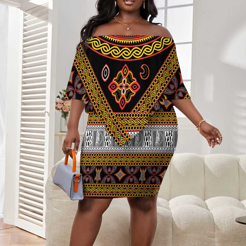 Cameroon Bamenda Toghu Inspired Off Shoulder Short Dress Classic Motifs