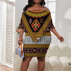 Cameroon Bamenda Toghu Inspired Off Shoulder Short Dress Classic Motifs