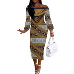 Cameroon Bamenda Toghu Inspired Off The Shoulder Long Sleeve Dress Classic Motifs