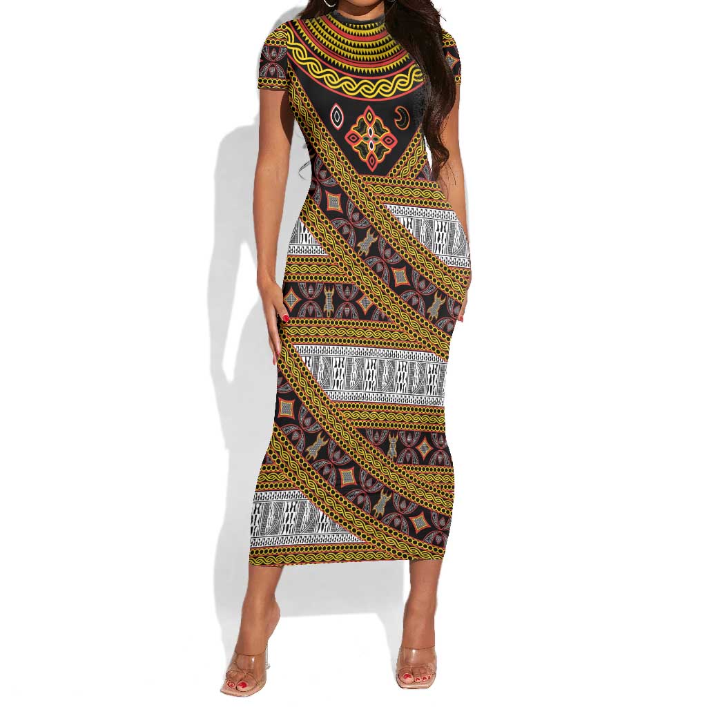 Cameroon Bamenda Toghu Inspired Short Sleeve Bodycon Dress Classic Motifs