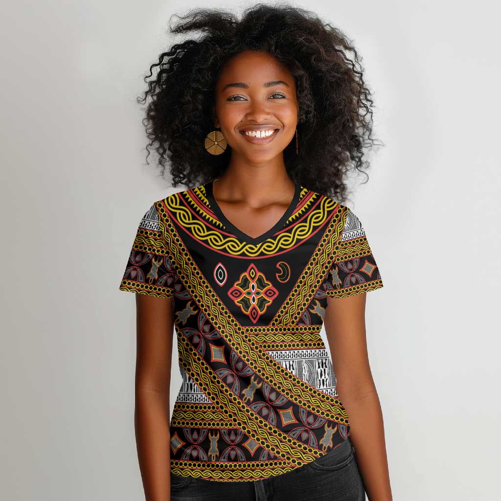 Cameroon Bamenda Toghu Inspired Women V-Neck T-Shirt Classic Motifs