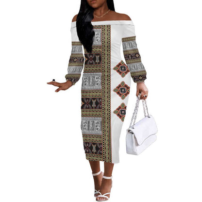Cameroon Ndop Atoghu Inspired Off The Shoulder Long Sleeve Dress