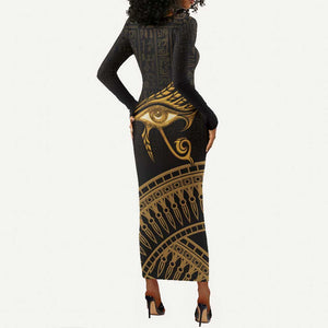 Ancient Egypt Gold Intricate Long Sleeve Bodycon Dress Eye of Horus LT7