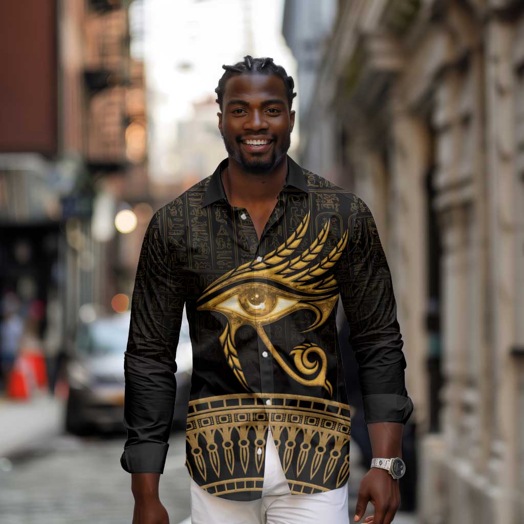 Ancient Egypt Gold Intricate Long Sleeve Button Shirt Eye of Horus