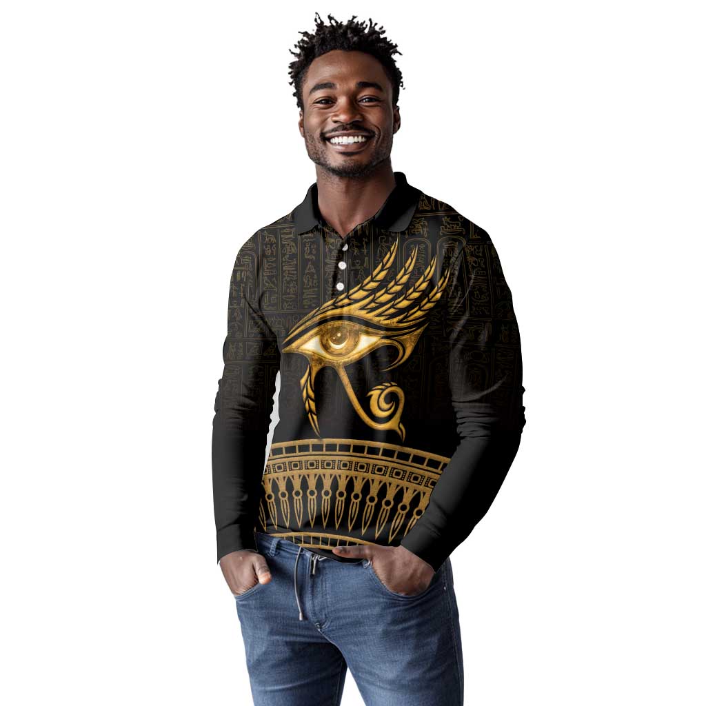 Ancient Egypt Gold Intricate Long Sleeve Polo Shirt Eye of Horus