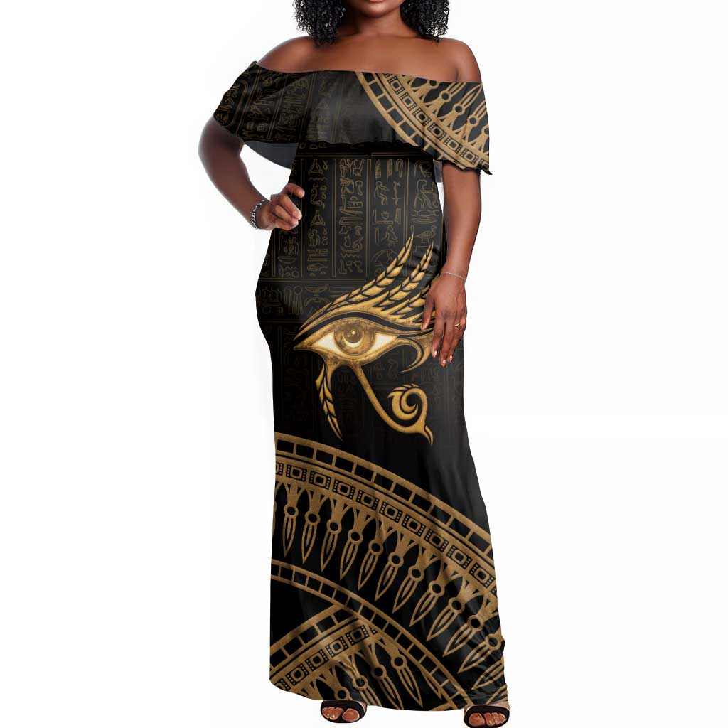 Ancient Egypt Gold Intricate Off Shoulder Maxi Dress Eye of Horus